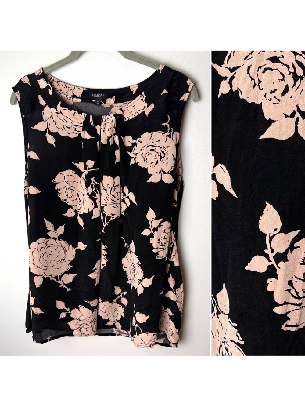 Talbots Sleeveless Top Size 14 Large Top Floral Lightweight Black Peach Silk